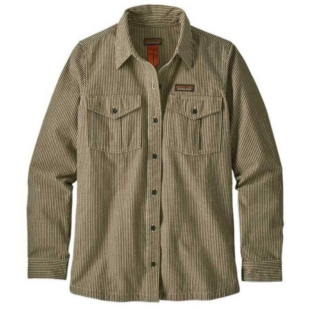 Patagonia Womens Hickory Stripe Sediment Farrier's Shirt Organic Cotton Hemp XS